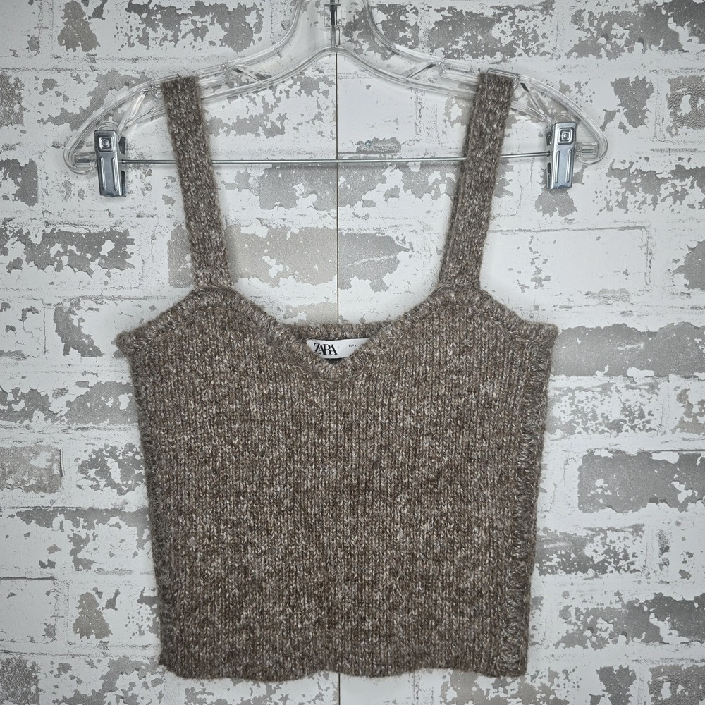 NEW Zara Womens Brown Knit Crop Top Sweater With Strap Stretch Soft Comfort L